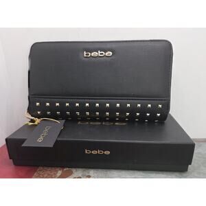 New Bebe Zip Around Wallet Brooklyn Style Studded Black Pebbled In Box 7.5 x 4